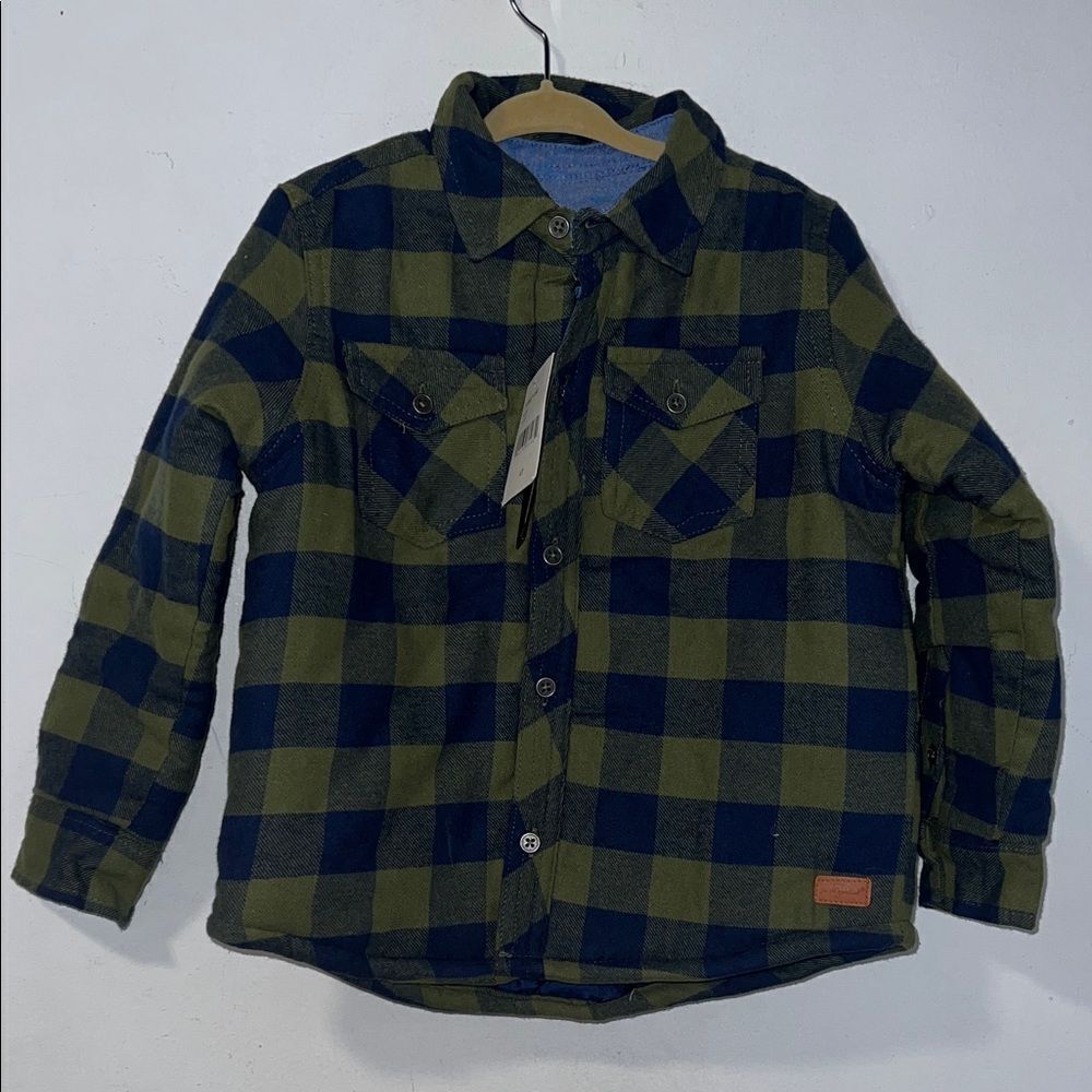 7 FOR ALL MANKIND Olive Green and Navy Buffalo Check Flannel Overshirt- 4T NWT!